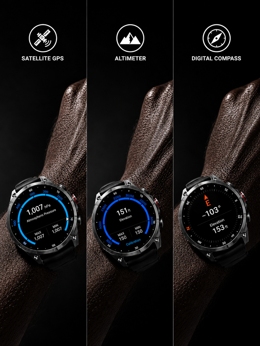 ZE Pro 3 Smartwatch on a dark background with icons for satellite GPS, altimeter, and digital compass.