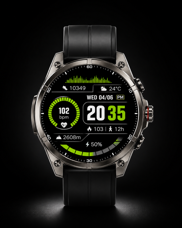 ZE Pro 3 smartwatch with a black strap and round green-accented watch face