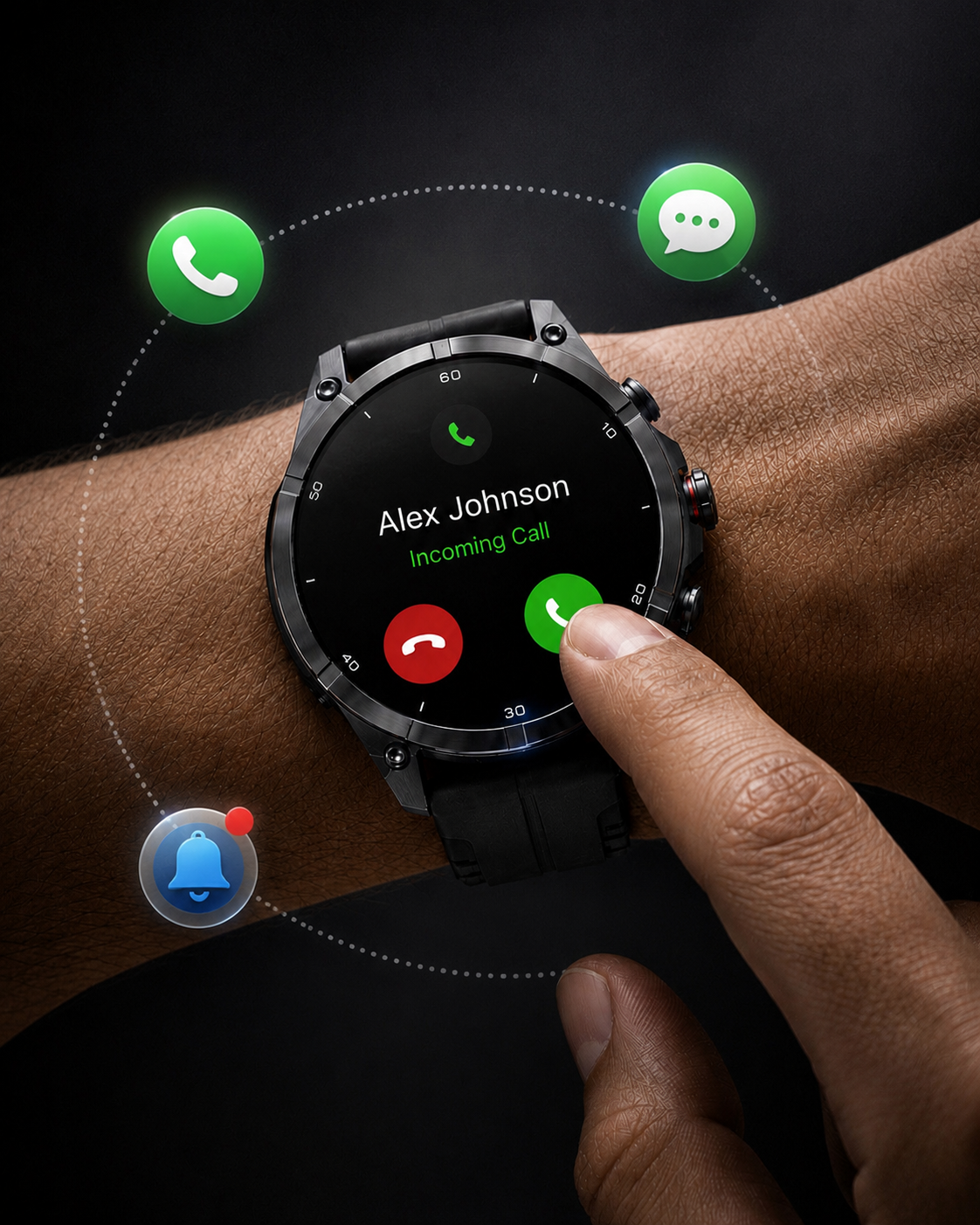 ZE Pro 3 Smartwatch on a wrist with an incoming call notification displayed, against a dark background.