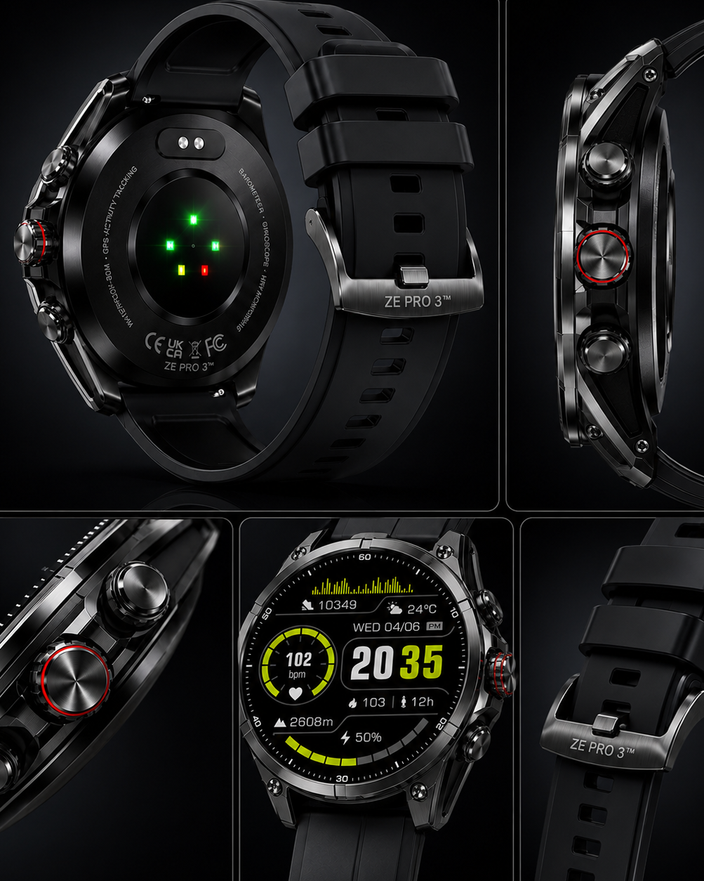 Collage of a black ZE Pro 3 Smartwatch with various angles and features displayed.