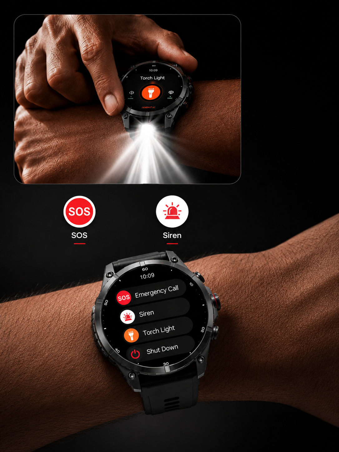 ZE Pro 3 Smartwatch on a wrist with app icons displayed, including SOS, Siren, Emergency Call, Torch Light, and Shut Down.