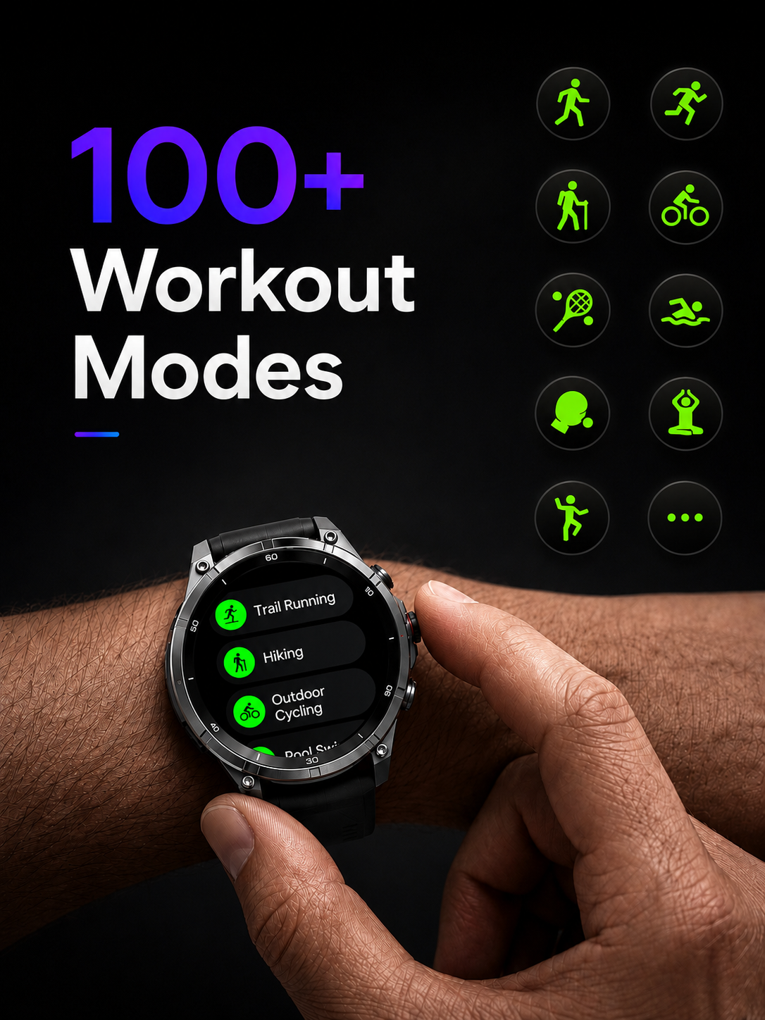 ZE Pro 3 Smartwatch on a wrist with workout modes displayed on a dark background