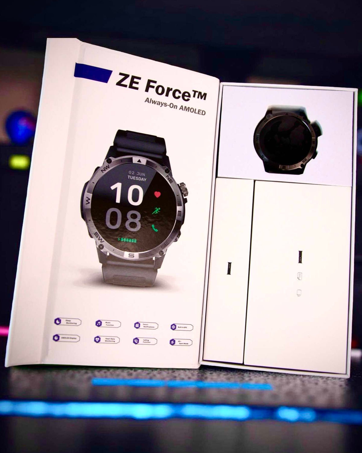 Smartwatch with 'ZE Force' branding on a display stand