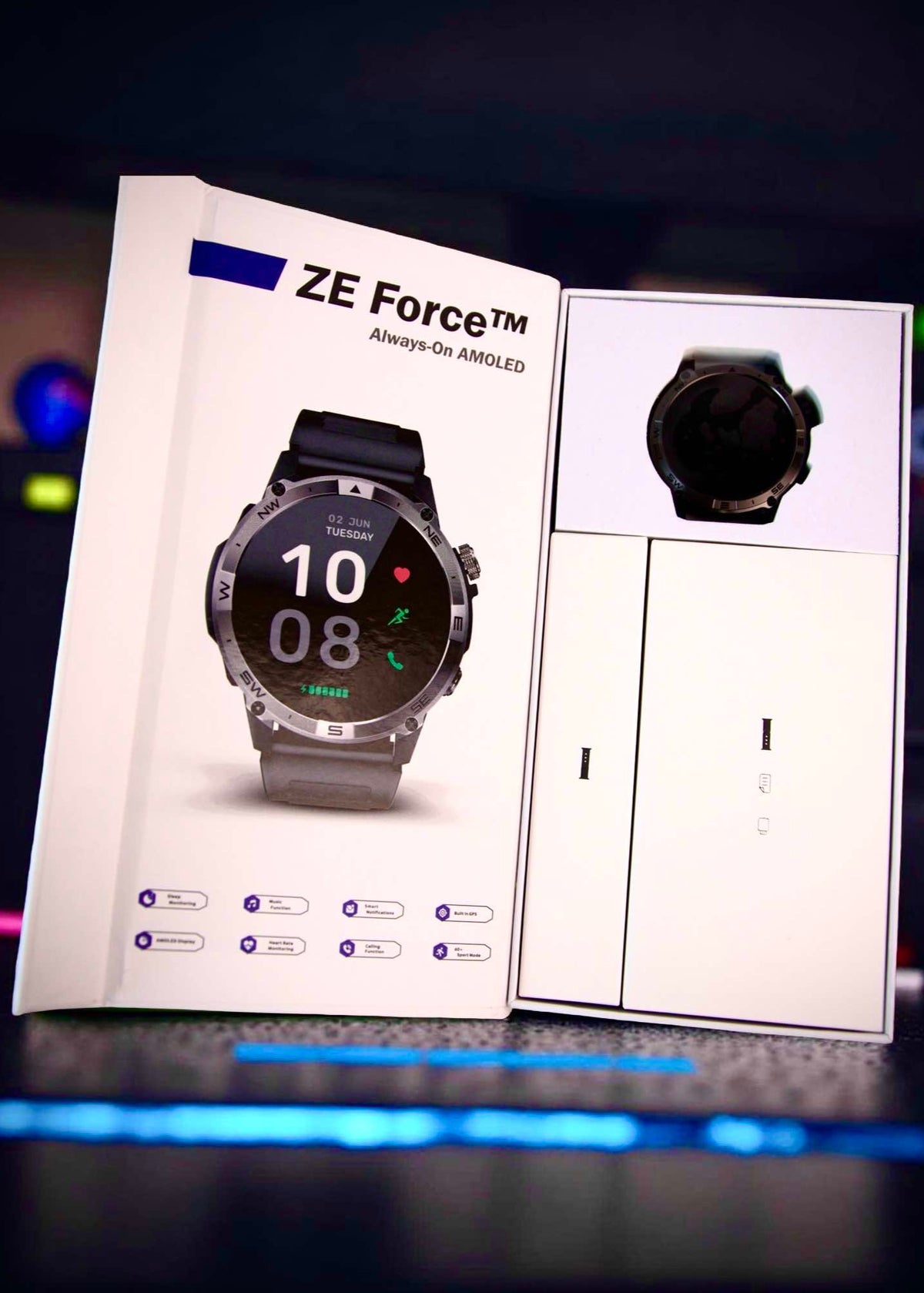 Smartwatch with &#39;ZE Force&#39; branding on a display stand