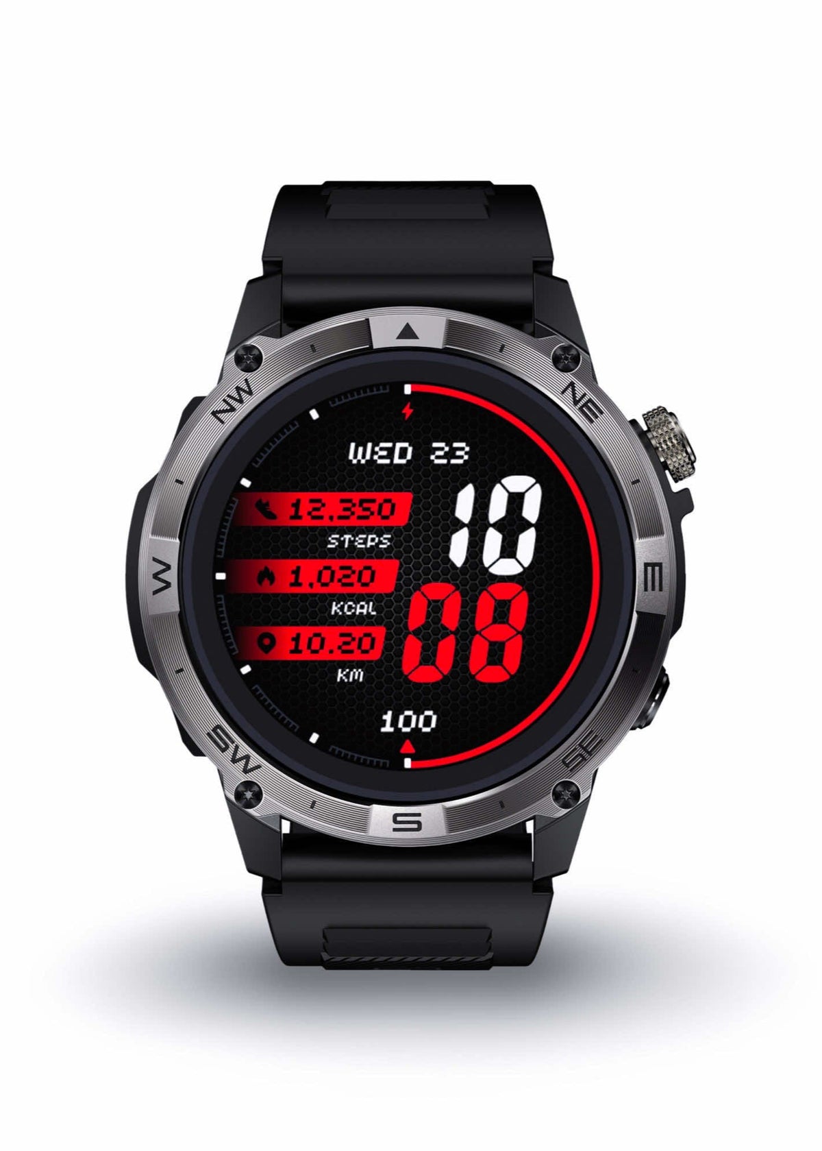 ZE Force Black digital watch with red display on a white background
