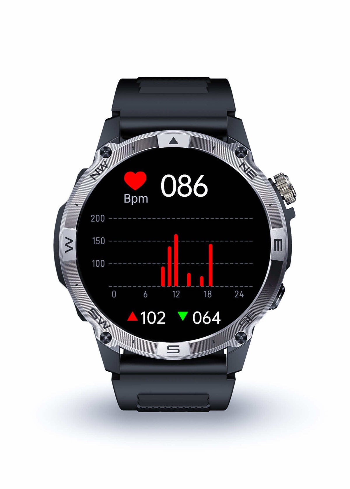 ZE Force Smartwatch with heart rate monitor display on a white background