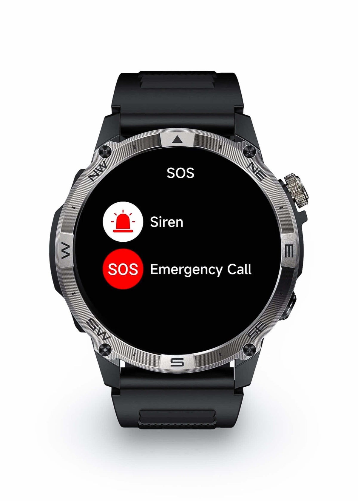 ZE Force Smartwatch displaying emergency call and siren options on a white background