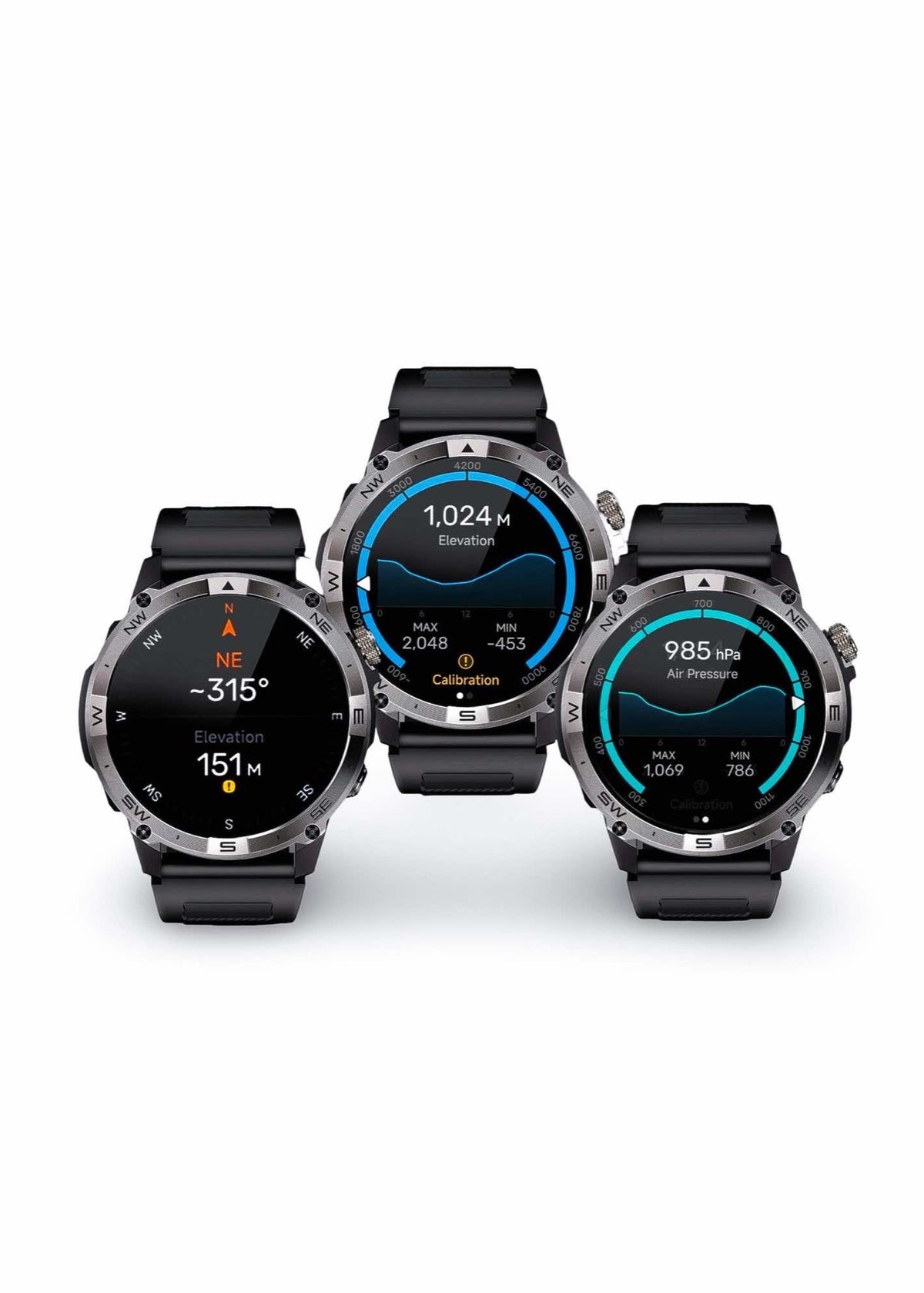 Three ZE Force smartwatches with different display interfaces on a white background