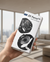 Hand holding a box of ZE Force smartwatch with a living room background thumbnail