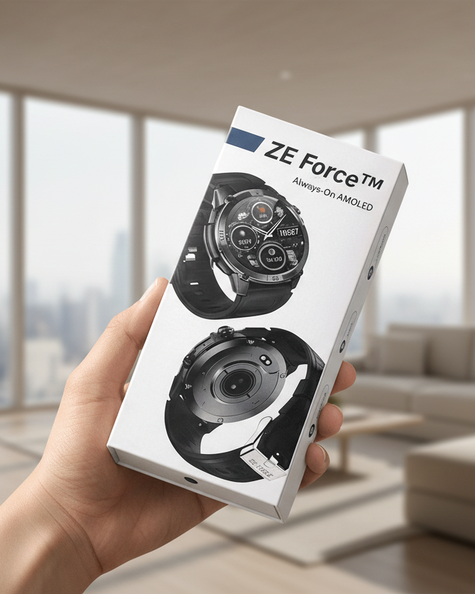 Hand holding a box of ZE Force smartwatch with a living room background