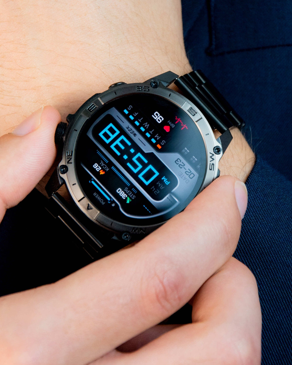 Person wearing a ze force smartwatch with a close-up of the watch face.