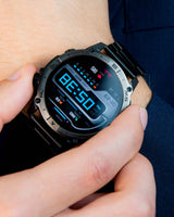 Person wearing a ze force smartwatch with a close-up of the watch face. thumbnail