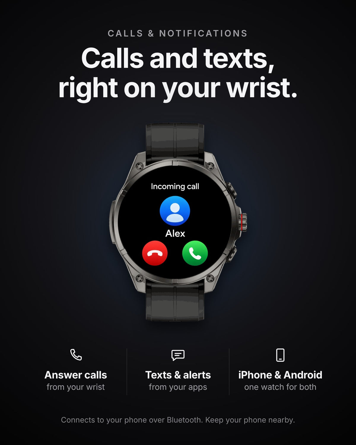 ZE Pro 3 answers calls and shows texts and app alerts on your wrist; works with iPhone and Android
