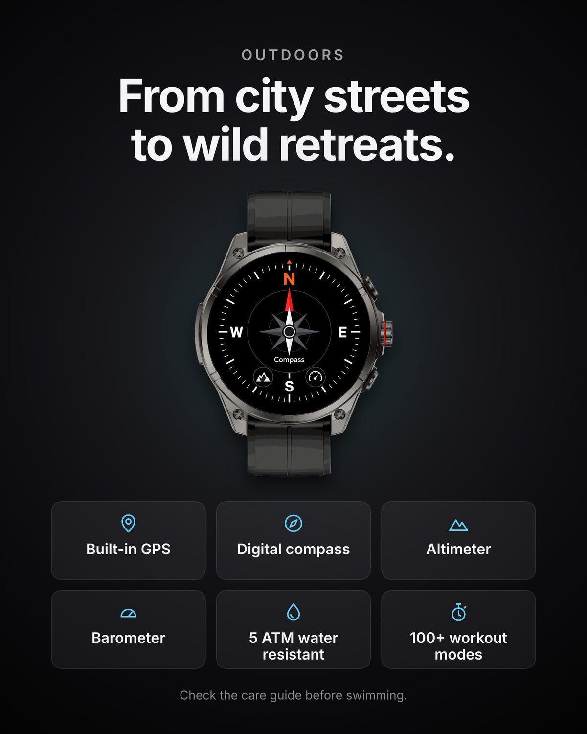 ZE Pro 3 outdoor features: built-in GPS, compass, altimeter, barometer, 5 ATM water resistance and 100+ workout modes