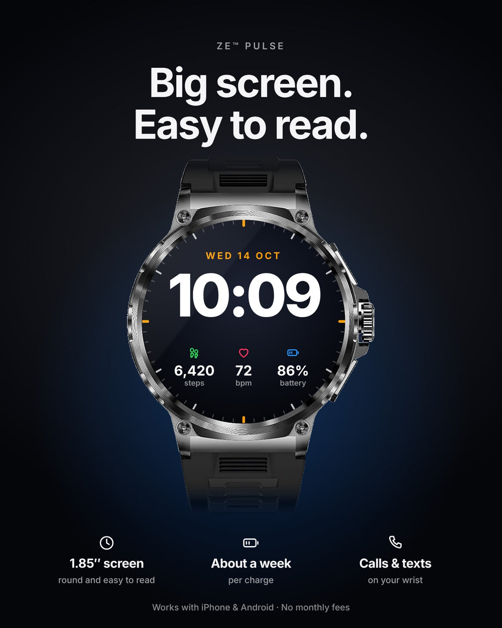 ZE Pulse smartwatch with a large round display and a black strap
